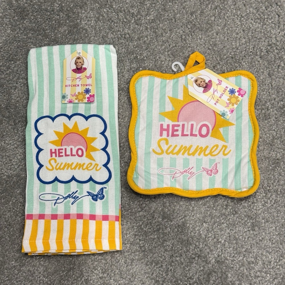 NEW Dolly Parton Brand Hello Summer Kitchen Towel And Pot Holder Lot Of 2